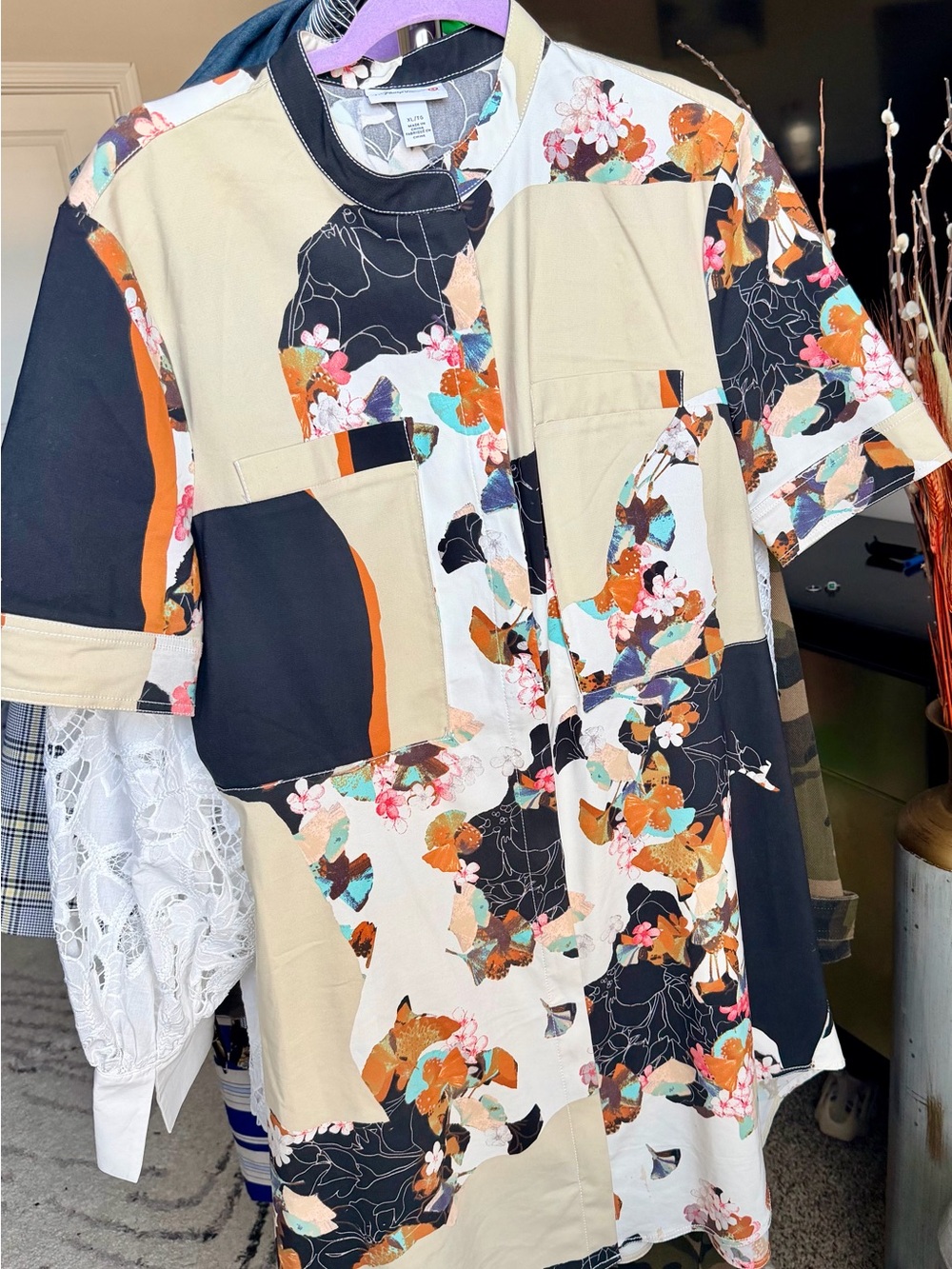 Floral Patchwork Button-Up Shirt in Beige, Black & Orange